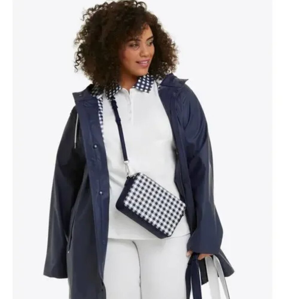 NWT Draper James Raincheck Waterproof Hooded Rain Jacket Navy Gingham M - Picture 4 of 13